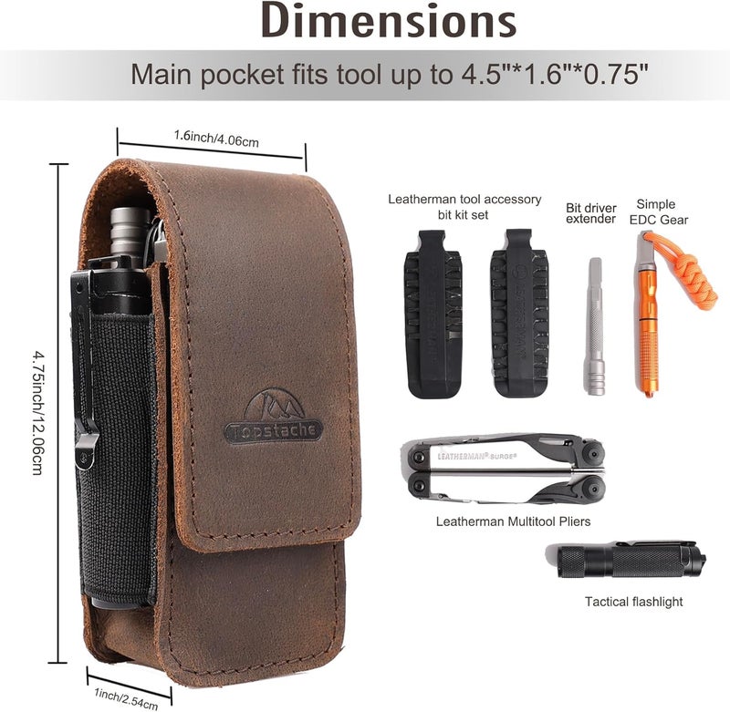 topstache Multitool Sheath for Men - Belt Leather Multitool Holster - EDC Belt Organizer for Leatherman, Gerber - Magnetic Closure Multitool Pouch Fits Folding Tool, Darkbrown - Image 4